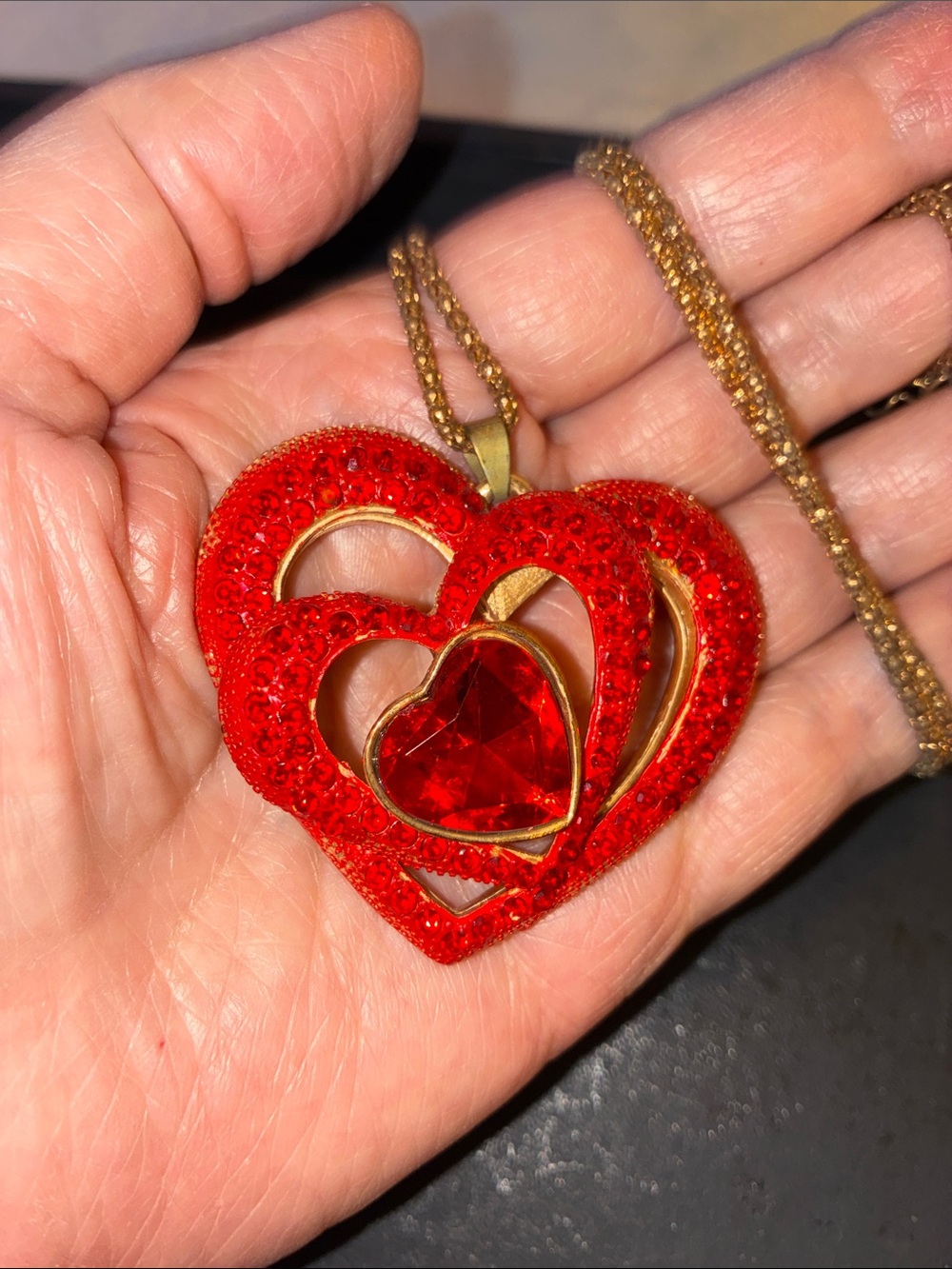 Red Heart Crystal with Floating Sparkling Heart Pendant Necklace